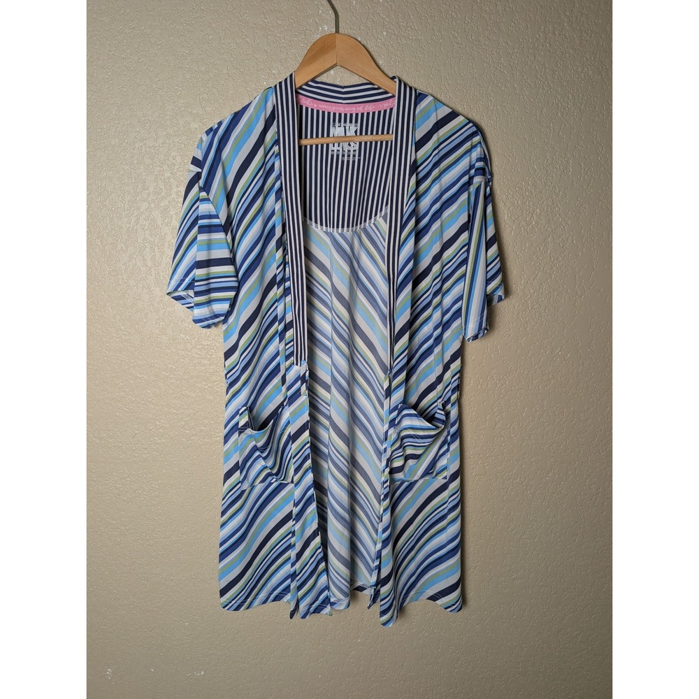 Muk Luks Womens Small Blue Green Striped Open Front Robe Cardigan Pockets